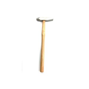 May include: A silver hammer with a wooden handle. The hammer has a flat head and a slightly curved handle.
