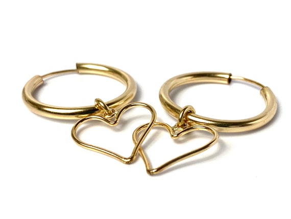 14KGF Hoop Earrings With Heart Pendant, 14K Gold Filled