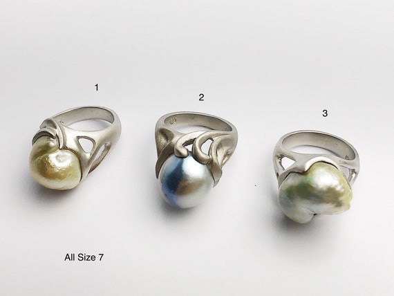 Handcarved Sterling Silver South Sea Pearl Rings - Natural Color - Southsea Pearls - Statement Ring (429 No. 1-3)