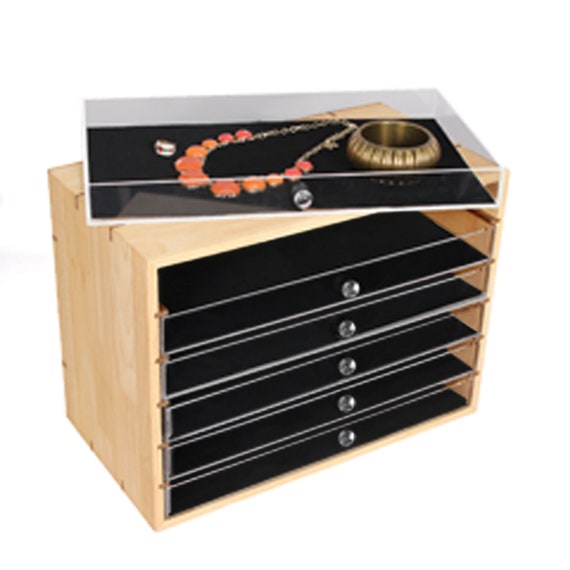 Natural Wooden Organizer w/ 6 Acrylic Trays