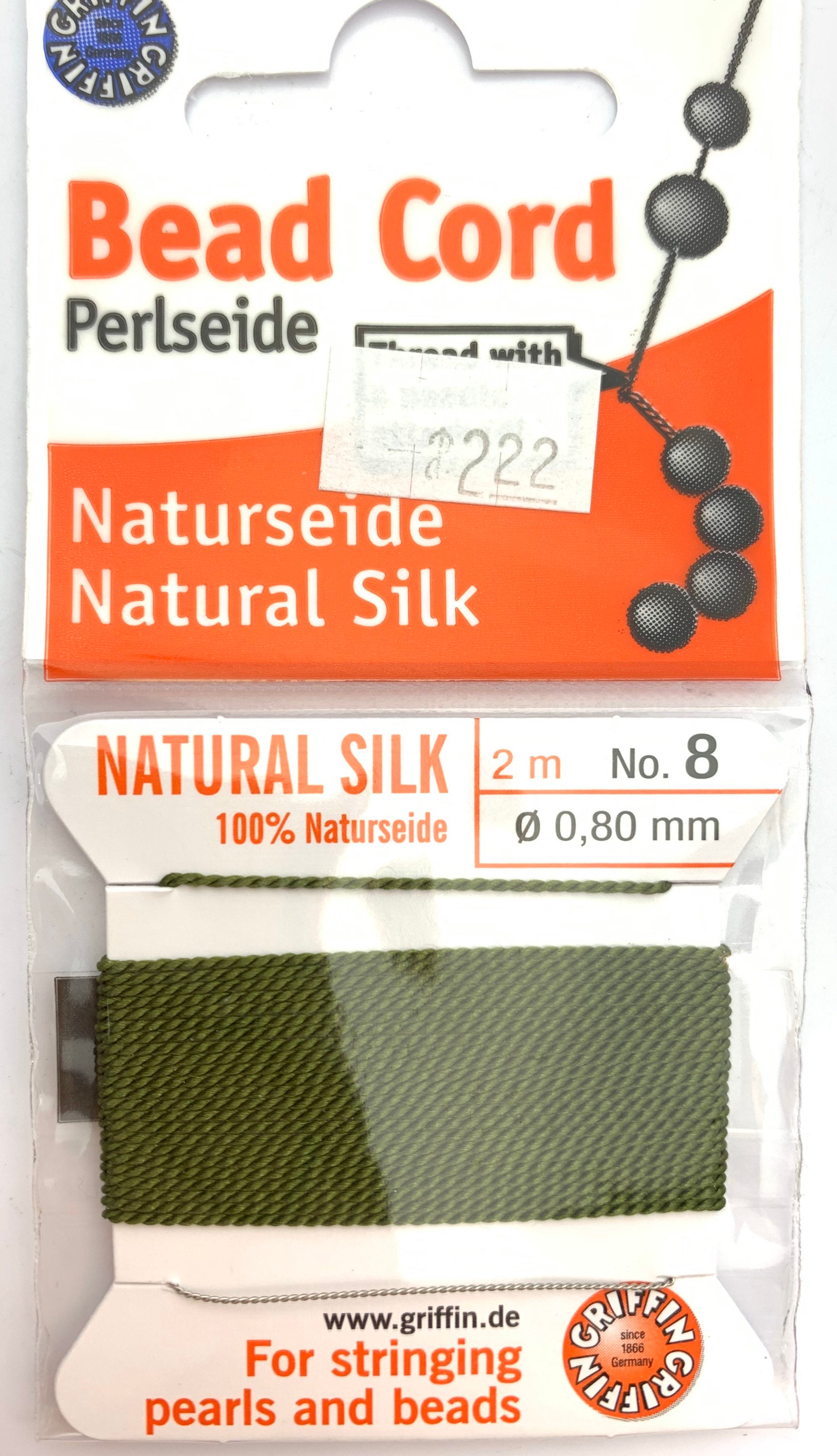 100 Natural Olive Green Silk Beading Cord, 2 Meters