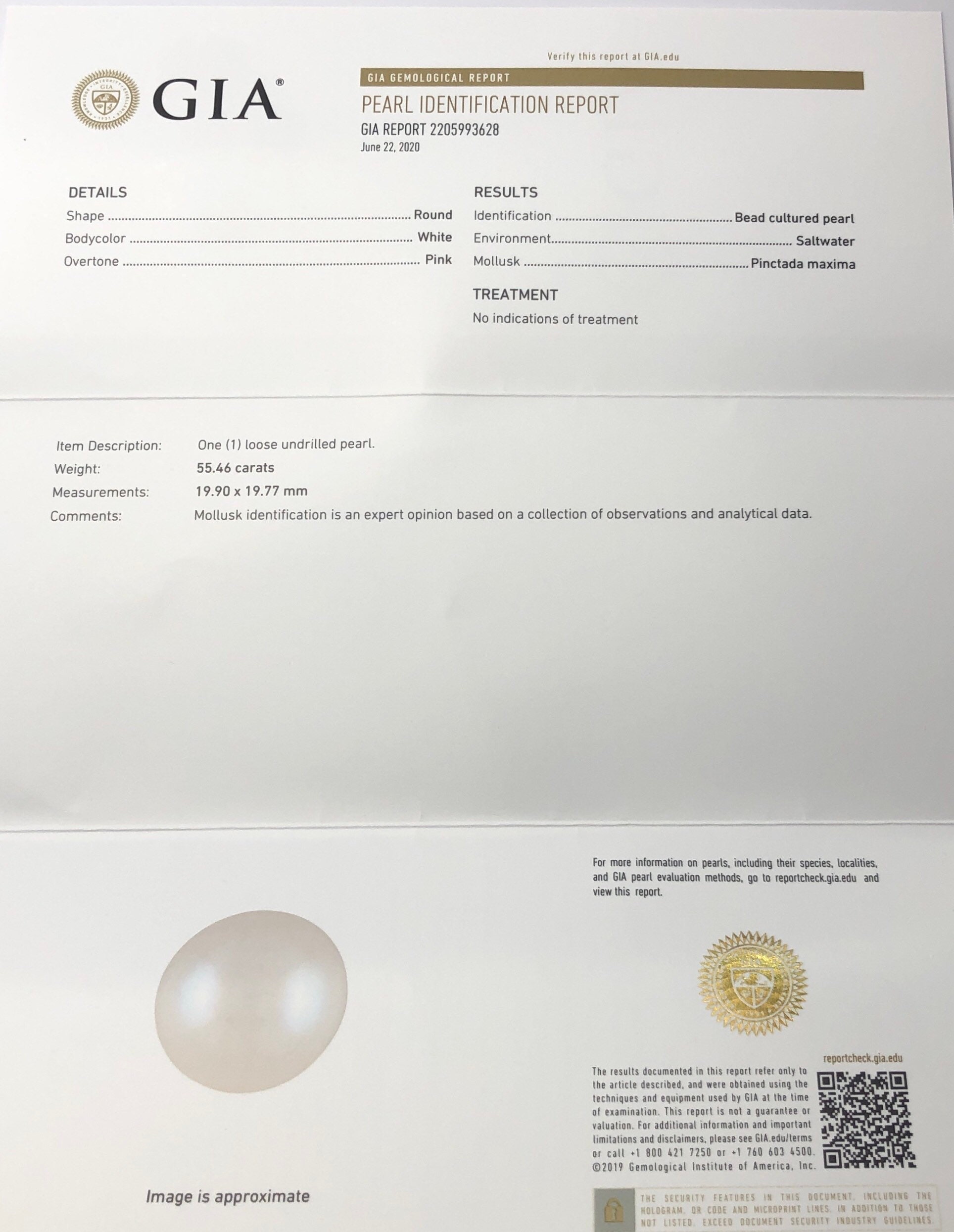 19mm White South Sea Pearl, with GIA certificate, round shape