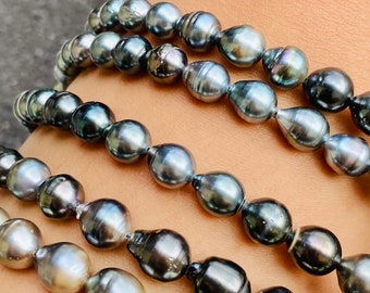 May include: A set of four necklaces featuring black Tahitian pearls of varying sizes. The pearls are strung on a thin cord and have a lustrous sheen.
