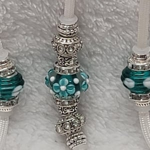 White/Teal Flower Dog Lead/ Beaded Show Dog Lead/Leash/Dog Show Lead/Leash Bling Sm End Loop, Snap, or Slip Style Dog Leash/Lead