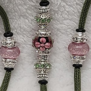 Olive Green/Pink Flower Beaded Show Dog Lead/Dog Show Lead/Leash Bling Snap, or Small End Loop Dog Lead