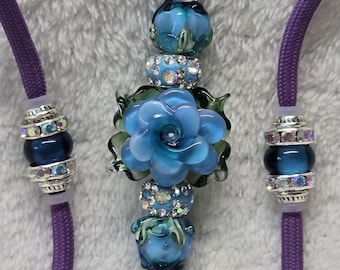 Lavender/Blue Flower Beaded Dog Show Lead Small End Loop, Snap or Slip