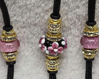 Black, Gold, Pink Flower Beaded Dog Show Lead, Bling, Loop, Snap, or Slip