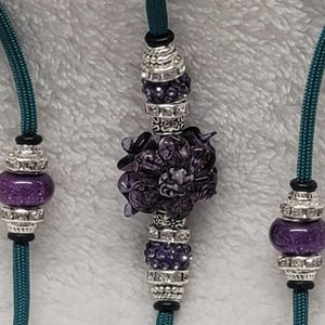 Teal/Purple Flower OR Purple/Teal Flower Bling Beaded Show Dog Lead/Dog Show Lead/Leash Bling Small End Loop, Snap, or Slip Style Dog Lead