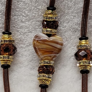 Brown/White/Gold Heart  Bling Beaded Show Dog Lead/Dog Show Lead/Leash Bling Small End Loop, Snap, or Slip Dog Lead