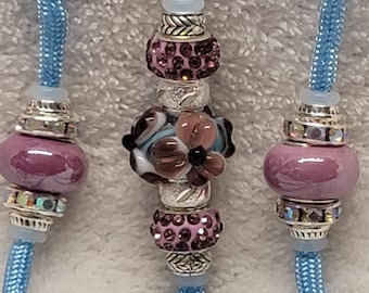Bling Beaded Dog Show Lead: Lt. Blue, Purple Flower, Rhinestone