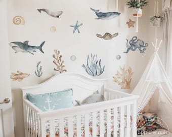 Boho Nursery OCEAN Sealife Nursery Wall Decal, Whale Fish Turtle Wall Decals, Boho Nursery Wall Decal Sticker, REMOVEABLE Wall Decal Sticker