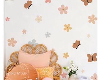 Boho FLOWER FLORAL Nursery Wall Decals, Boho BUTTERFLY Nursery Wall Decals, Butterfly Wall Stickers Nursery Decor Girl Removeable Wall Decal