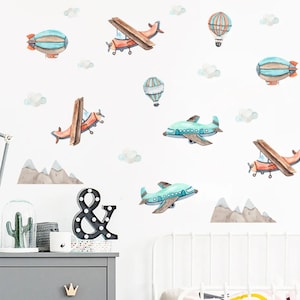 Naklejki ścienne Vintage Airplane, Naklejki do pokoju chłopców, Naklejki ścienne dla dzieci, Naklejka ścienna do pokoju dziecięcego w stylu boho, Wystrój pokoju dziecięcego dla chłopców | Wystrój pokoju dziecięcego w stylu boho