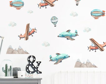 Vintage Airplane Wall Decals, Boys Room Decals, Wall Decals Kids, Boho Nursery Wall Decal Sticker, Nursery Decor Boy | Boho Nursery Decor