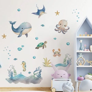 Calcomanía de pared de vivero Boho Nursery OCEAN Sealife, Calcomanías de pared de tortuga de pez ballena, Calcomanía de pared de vivero boho, Calcomanía de pared REMOVIBLE