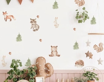 Woodland Nursery Wall Decals, Boho Forest Animal Wall Stickers, Bear Fox Raccoon Trees Decal, Neutral Baby Nursery Decor, Woodland Baby Room