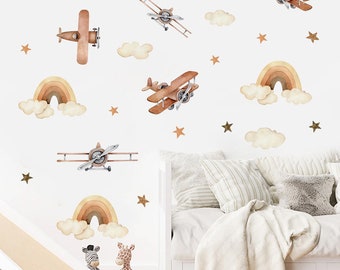 Vintage Airplane Wall Decals, Boys Room Decals, Wall Decals Kids, Boho Nursery Wall Decal Sticker, Nursery Decor Boy | Boho Nursery Decor