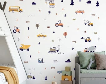 Construction Nursery Wall Decals, Truck Nursery Decor, Dump Truck Excavator Crane Wall Stickers for Baby Boy Room