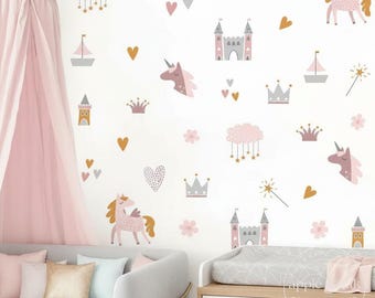 FAIRY UNICORN Nursery Wall Decals, Princess Fairytale Wall Decal Stickers, Nursery Decal Girl Boho Nursery Wall Decals, Princess Wall Art