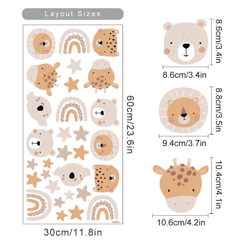May include: A set of 16 wall decals featuring various animals, rainbows, and stars in a neutral color palette of beige, brown, and white. The decals are arranged in a grid pattern and measure 30 cm by 60 cm.