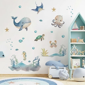 Boho Nursery OCEAN Sealife Nursery Wall Decal, Whale Fish Turtle Wall Decals, Boho Nursery Wall Decal Sticker, REMOVEABLE Wall Decal Sticker