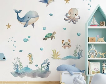 Sticker mural chambre d'enfant OCEAN Sealife bohème, stickers muraux baleine poisson tortue, sticker mural chambre d'enfant bohème, sticker mural amovible