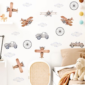 Naklejki ścienne Vintage Airplane Car, Naklejki do pokoju chłopców, Naklejki ścienne dla dzieci, Boho naklejka ścienna do pokoju dziecięcego, Wystrój pokoju dziecięcego dla chłopców, Boho dekoracja pokoju dziecięcego