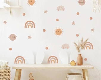 Sun Moon Nursery Wall Decals, Celestial Nursery Wall Stickers, Boho Space Baby Room Decor, Neutral Kids Wall Decals, Removable Wall Decal