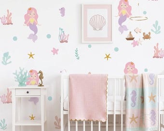 Mermaid Nursery Wall Decals Ocean Wall Stickers Under the Sea Decor Girls Room Baby Nursery Decor Seahorse Coral Removable Decal