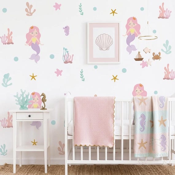 Mermaid Nursery Wall Decals Ocean Wall Stickers Under the Sea Decor Girls Room Baby Nursery Decor Seahorse Coral Removable Decal