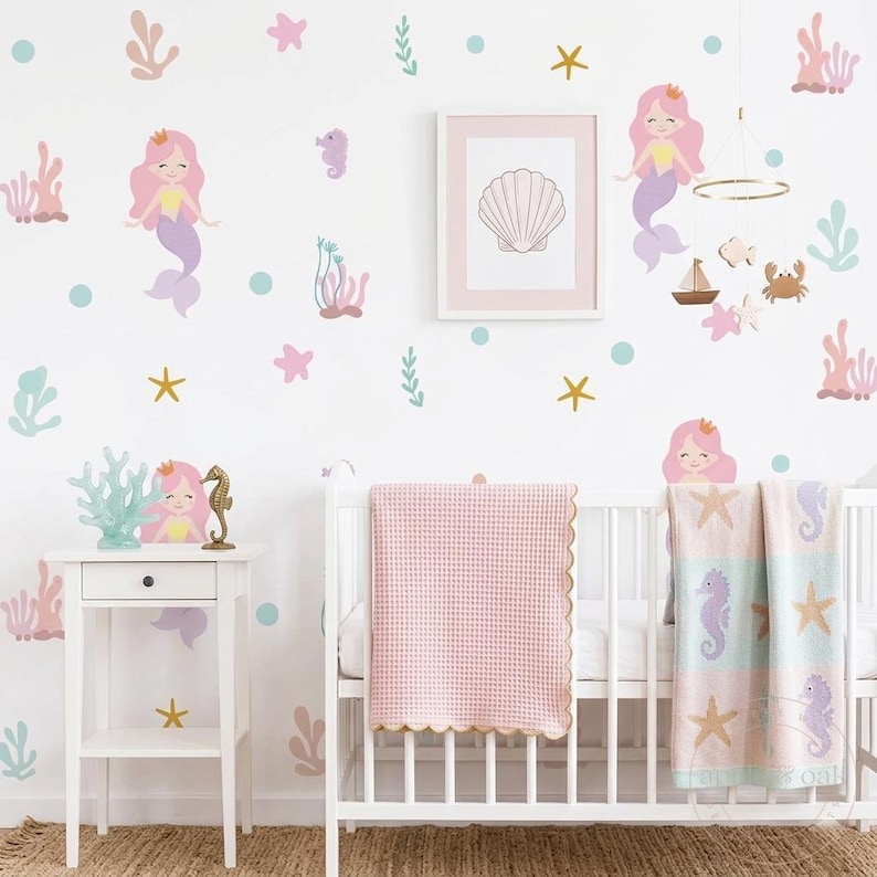 Mermaid nursery wall decals under the sea ocean themed baby girl nursery decor removable wall stickers
