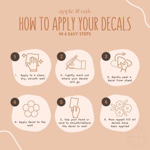 May include: A six-step guide on how to apply decals to a wall. The steps are illustrated with simple line drawings. The text includes the words "Apply to a clean, dry, smooth wall", "Lightly mark out where your decals will go", "Gently peel a decal from sheet", "Apply decal to the wall", "Use your hand or card to smooth/adhere the decal to wall", and "Now repeat till all decals have been applied".