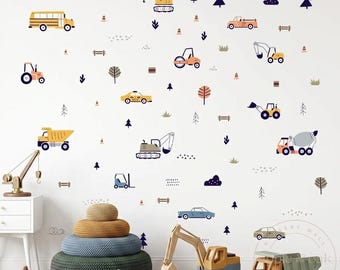 Construction Wall Decals for Boys Room, Construction Truck Wall Stickers, Kids Room Decor with Dump Truck Excavator Crane