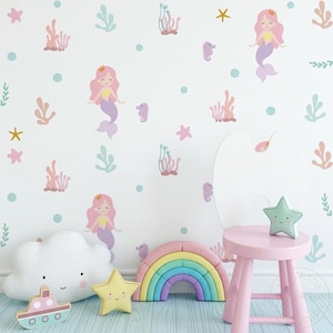 Ocean nursery wall stickers mermaid seahorse coral pastel baby room decor removable peel and stick decals