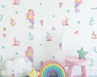 Under the Sea Nursery Wall Decals Ocean Animals Wall Stickers Mermaid Seahorse Coral Baby Girl Nursery Decor Removable Wall Art