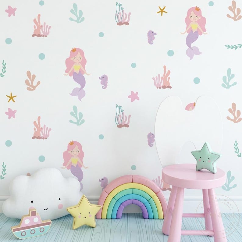 Ocean nursery wall stickers mermaid seahorse coral pastel baby room decor removable peel and stick decals