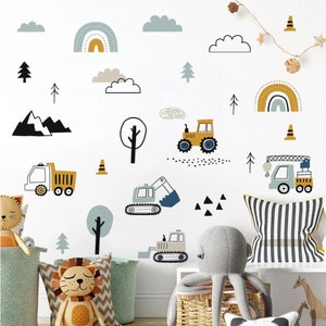 Naklejki ścienne TRUCKS and DIGGERS, Naklejki ścienne Construction Kids, Naklejka ścienna Boho Nursery, ZDEJMOWANA naklejka ścienna, Naklejki ścienne do pokoju chłopców