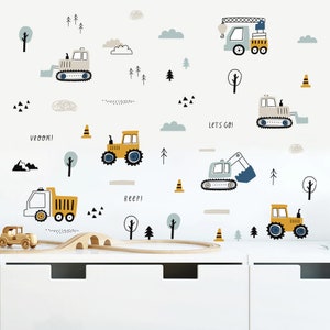 Naklejki ścienne dla dzieci z motywem budowy, naklejki ścienne dla chłopców, naklejki ścienne z napisem TRUCKS and DIGGERS, naklejka ścienna do pokoju dziecięcego w stylu boho, naklejki ścienne do pokoju chłopców
