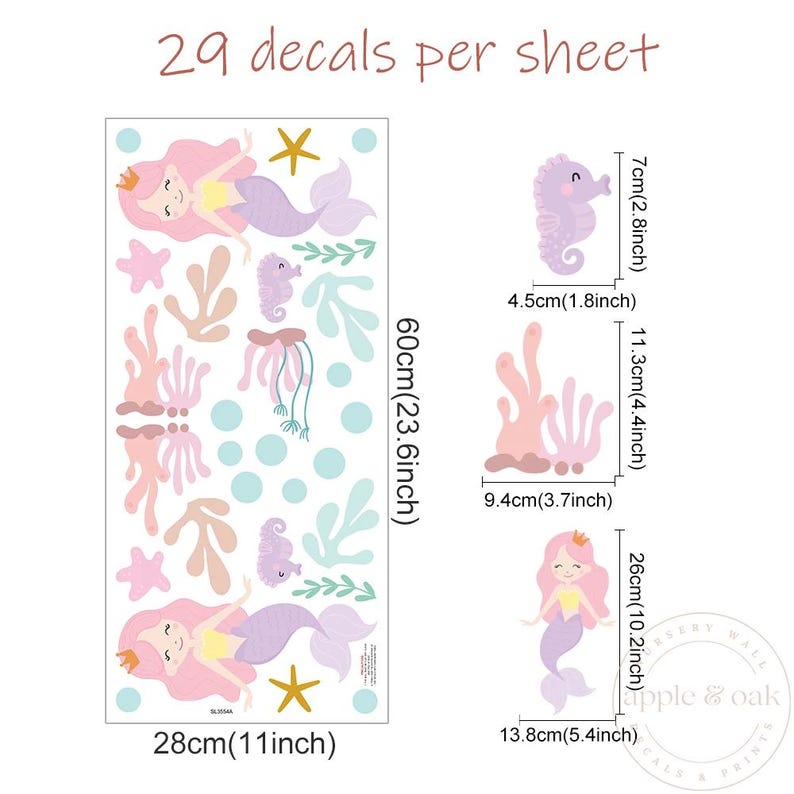 Mermaid wall decals for nursery pastel ocean theme girls bedroom removable wall stickers