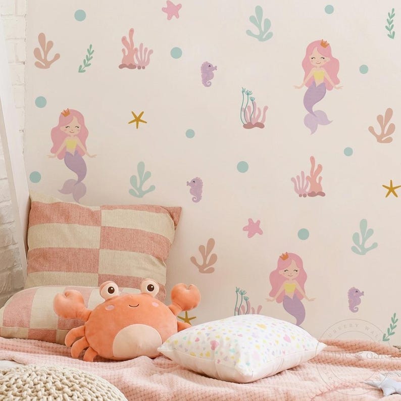 Baby girl nursery wall decals ocean theme mermaid seahorse coral removable wall decor stickers