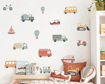 Transport Wall Decals for Kids Room, Vehicle Wall Stickers, Toddler Playroom Decor, Cars Trucks Construction Theme Nursery Wall Art