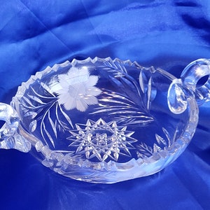 American Brillant Cut Glass Double Handle Bowl Wheel Cut Cornflower Hobstar Sawtooth Rim Candy Dish Trinket Dish Decorative Serving Bowl
