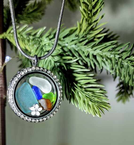 Colorful Polished Sea Glass Locket Sea Glass Necklace Floating