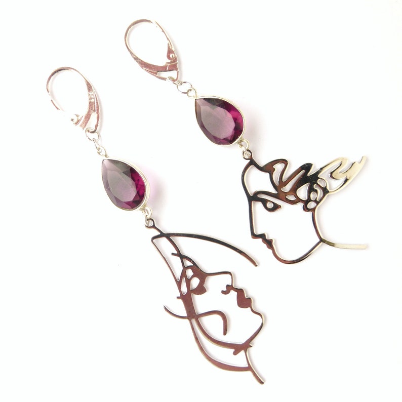 Long mismatched amethyst earrings Crystal chandelier purple silver earrings Statement asymmetric February birthstone earrings