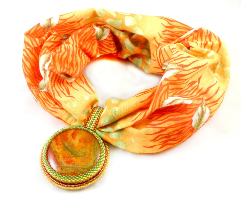 Infinity scarf Textile necklace Seed bead necklace fabric Orange scarf necklace Bead embroidery pendant necklace Agate dragon veins