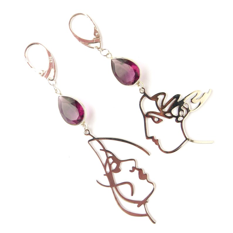 Long mismatched amethyst earrings Crystal chandelier purple silver earrings Statement asymmetric February birthstone earrings