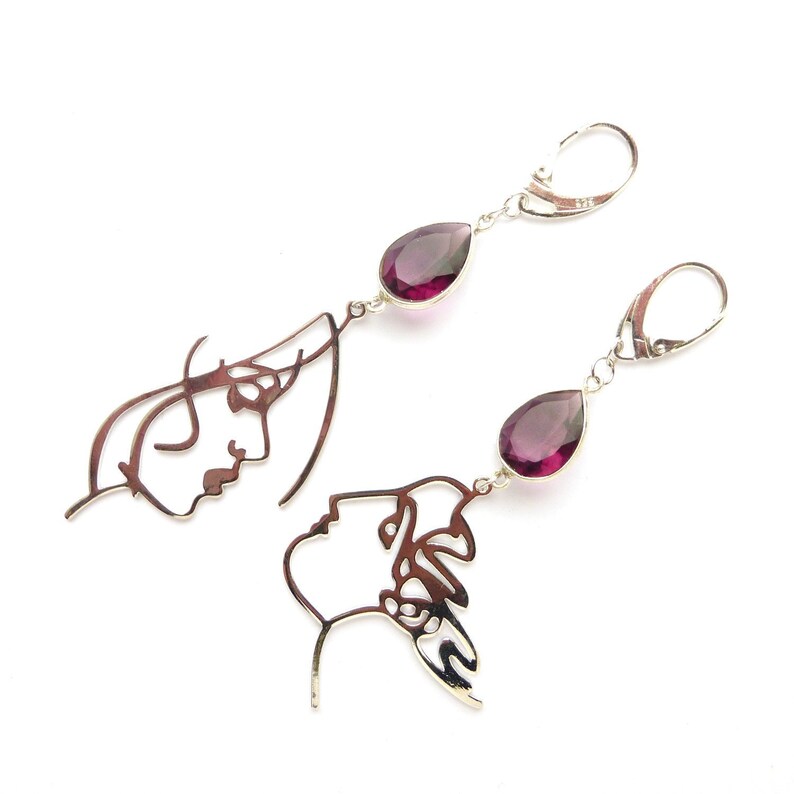Long mismatched amethyst earrings Crystal chandelier purple silver earrings Statement asymmetric February birthstone earrings