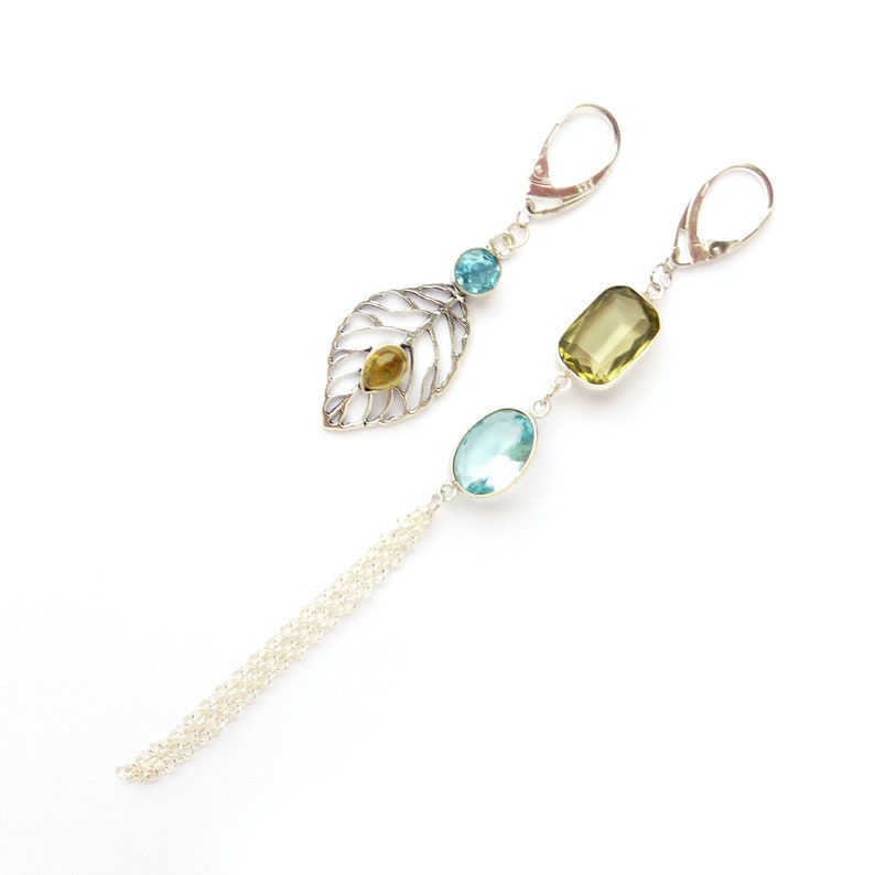 Long mismatched Blue topaz earrings Crystal chandelier silver earrings Statement asymmetrical brown smoky quartz earrings