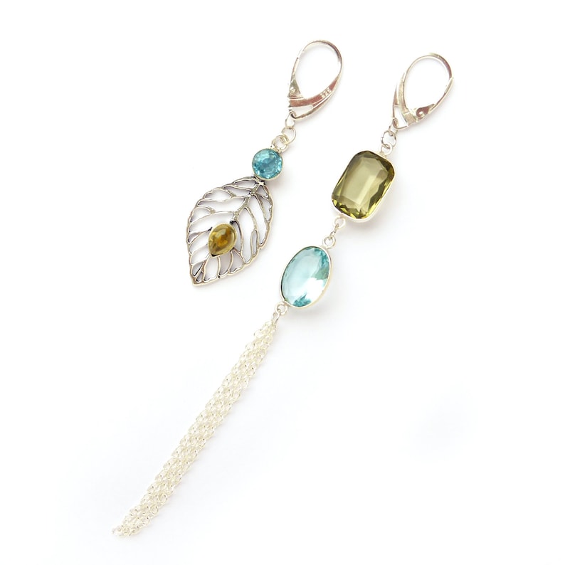 Long mismatched Blue topaz earrings Crystal chandelier silver earrings Statement asymmetrical brown smoky quartz earrings