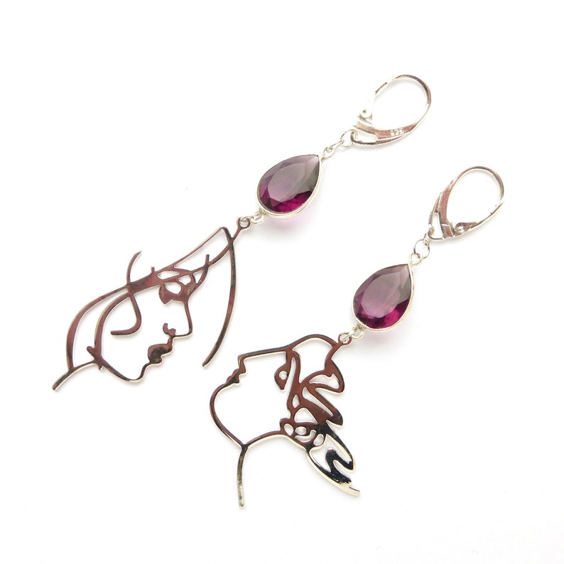 Long mismatched amethyst earrings Crystal chandelier purple silver earrings Statement asymmetric February birthstone earrings